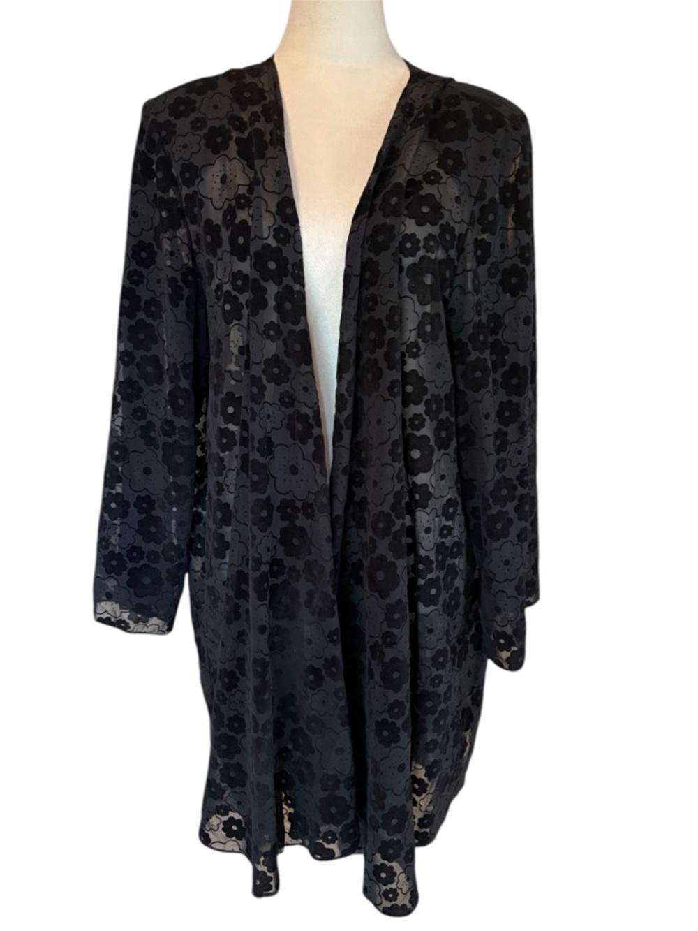 Onyx Nite By Wendy Chaitin Black Floral Whimsygoth Sheer and Velvet Robe |